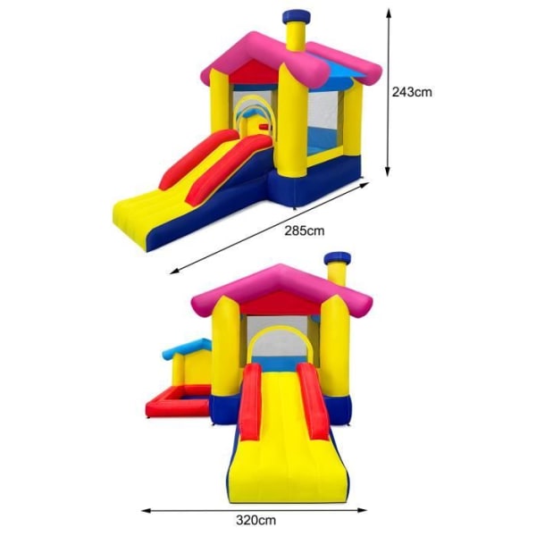 XMTECH uppblåsbart slott med 370 W fläkt, studshus för utomhuslekplats för barn 3-10 år, 320x285x243 cm
