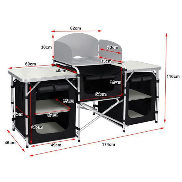 XMTECH utekök, hopfällbart campingkök, campingförvaringsenhet med 6 förvaringsskåp, 174,5x46x110cm
