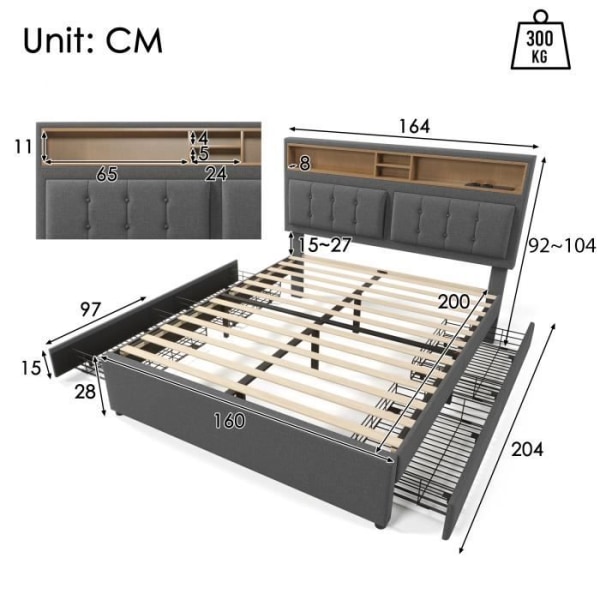 Klädd säng 160x200cm med 4 lådor och USB C-uttag - XMTECH - Grå - Modern - Massivt trä