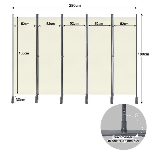 XMTECH skärm 5 panel rumsavdelare, hopfällbar rumsavdelare för skydd av integritet, 280 x 180 cm, beige Beige