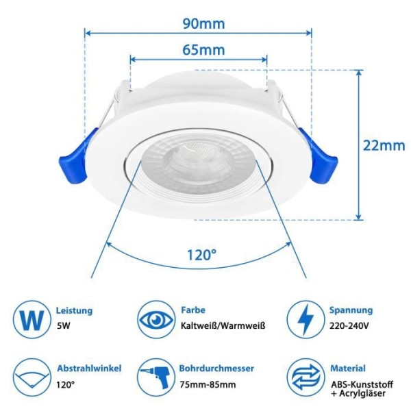 XMTECH paket med 20 infälld spot LED Downlight Panel Slimline 5W varmvit, 5W takspotlight, för badrum, vardagsrum, sovrum