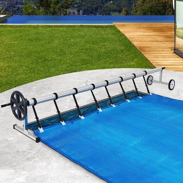 XMTECH mobil poolrulle med 8 fästremmar, justerbar bubbelskyddsrulle från 3M till 5,7M för pool