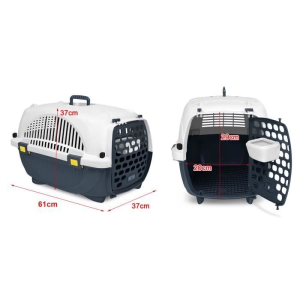 XMTECH transportlåda 61x37x37 cm, transportbur för hundar och katter med matskål, maxbelastning 10 kg