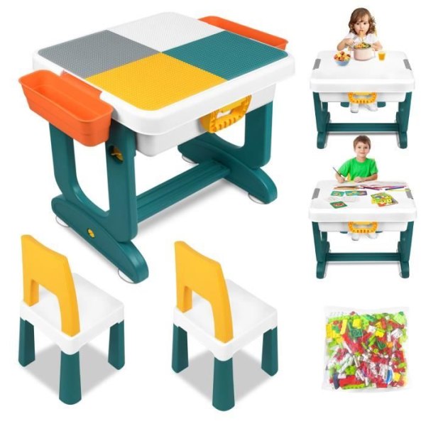 XMTECH 6 i 1 lekbord för barn, multifunktionellt byggstensbord med 2 stolar och byggklossar