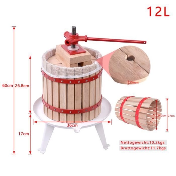 XMTECH Manuell Citrusfruktpress 12 L Trä, inkl. kökshandduk för vinpress frukt ek äppelcider