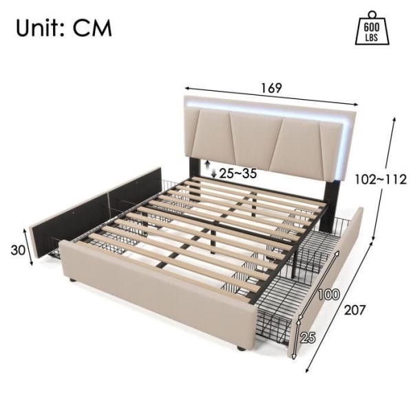 XMTECH stoppad säng - 160x200cm - Beige - Justerbar sänggavel - LED-belysning - 4 förvaringslådor Beige