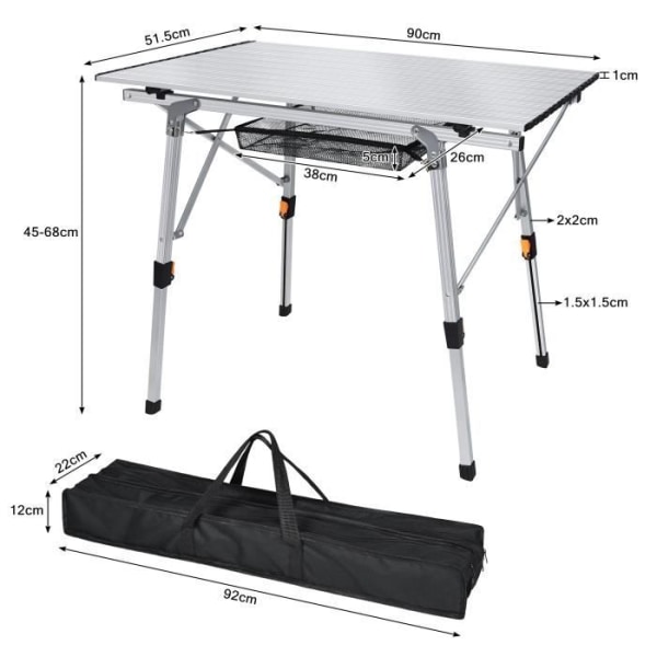 XMTECH fällbart campingbord i aluminium, ställbart picknickbord i höjdled, trädgårdsbord med bärväska, silver