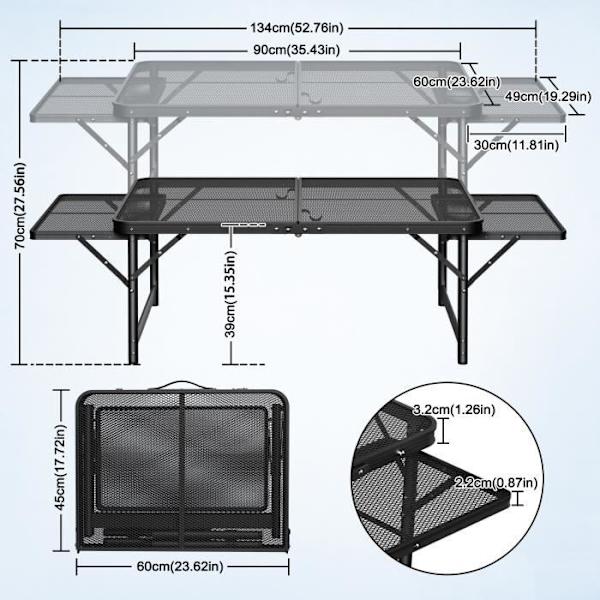 XMTECH 90x60cm Utdragbart campingbord Fällbart bord Trädgårdsbord Camping picknickbord utan stol