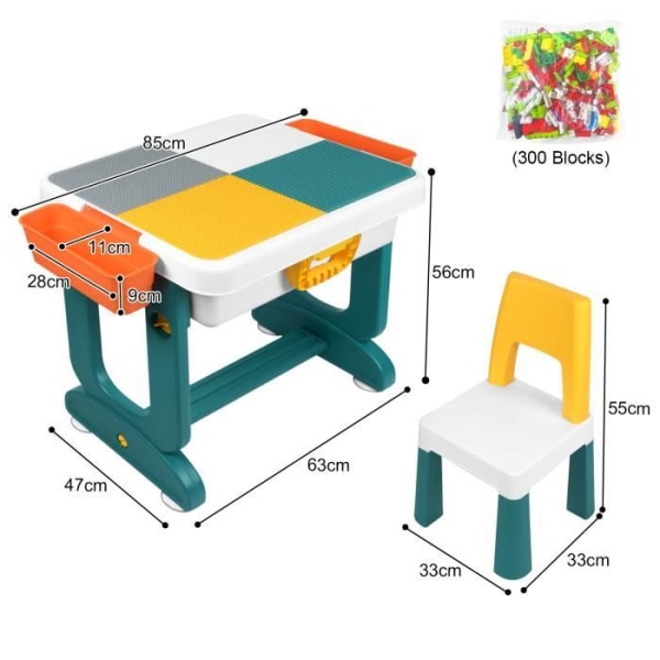 XMTECH 6 i 1 lekbord för barn, multifunktionellt byggstensbord med 2 stolar och byggklossar