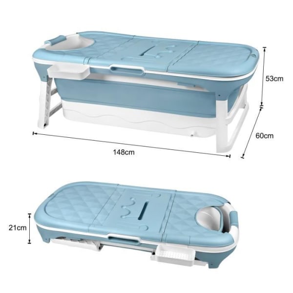 XMTECH hopfällbart badkar 148x60x53 cm Bärbart plast hopfällbart fristående badkar med hylla för barn och vuxna Blå