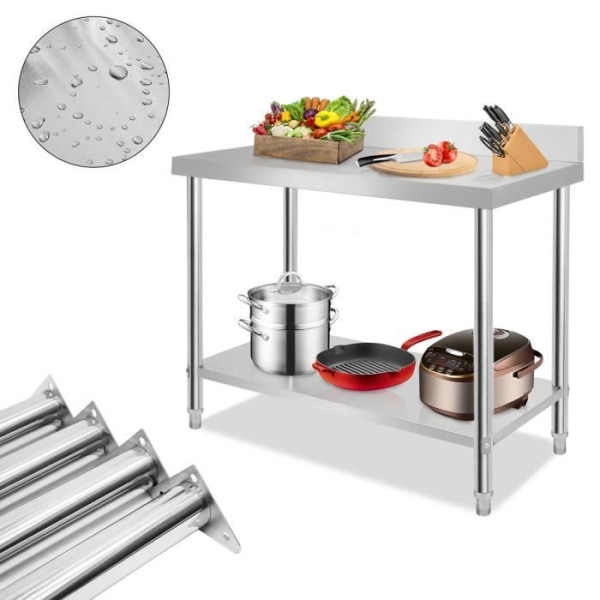 XMTECH 120x60x85cm Köksbord i rostfritt stål med hyllor, höjdjusterbart, för köksbar restaurang