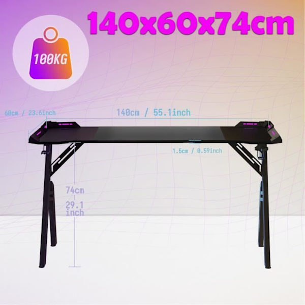 Spelbord - XMTECH - Justerbart ergonomiskt skrivbord - LED-belysning - Svart