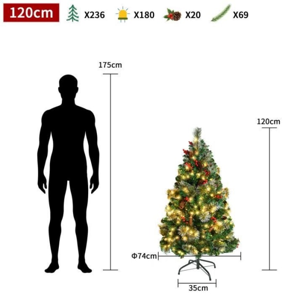 XMTECH 120 cm LED-upplyst konstgjord julgran, tallbarr julgran med stativ, kottar och röda frukter