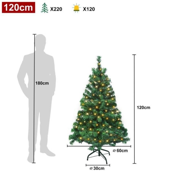 XMTECH konstgjord julgran 120cm med 220 varmvita LED-pärlor 120 PVC-grenar - järnstativ - grön
