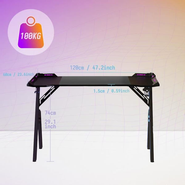 XMTECH Spelbord - Justerbart ergonomiskt skrivbord - LED-belysning - Kolfiber - Svart