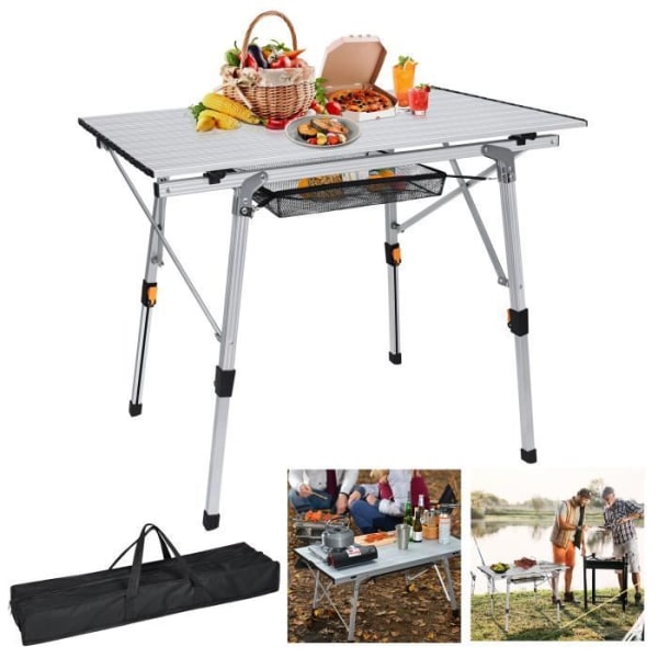 XMTECH fällbart campingbord i aluminium, ställbart picknickbord i höjdled, trädgårdsbord med bärväska, silver