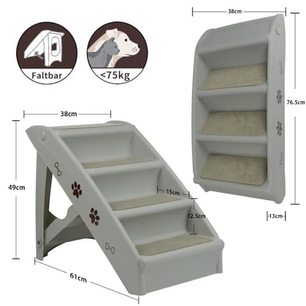 XMTECH Hundtrappa Husdjur Ramp 4 steg - 49 x 38 x 61 cm - Grå - För hundar