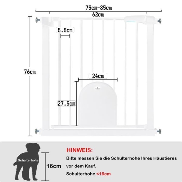 XMTECH Säkerhetsgrind för dörr och trappa Justerbar 75-85 cm, självstängande och ingen borrning, för barn och djur, vit