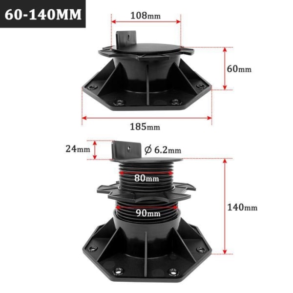 XMTECH 10x däckstödlager, 60-140 mm höjdjusterbara baslager, för balkongdäck svart