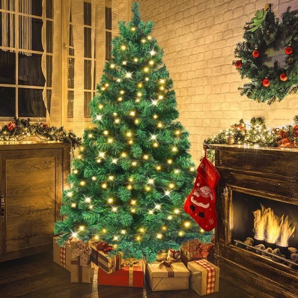 XMTECH konstgjord julgran 120cm med 220 varmvita LED-pärlor 120 PVC-grenar - järnstativ - grön