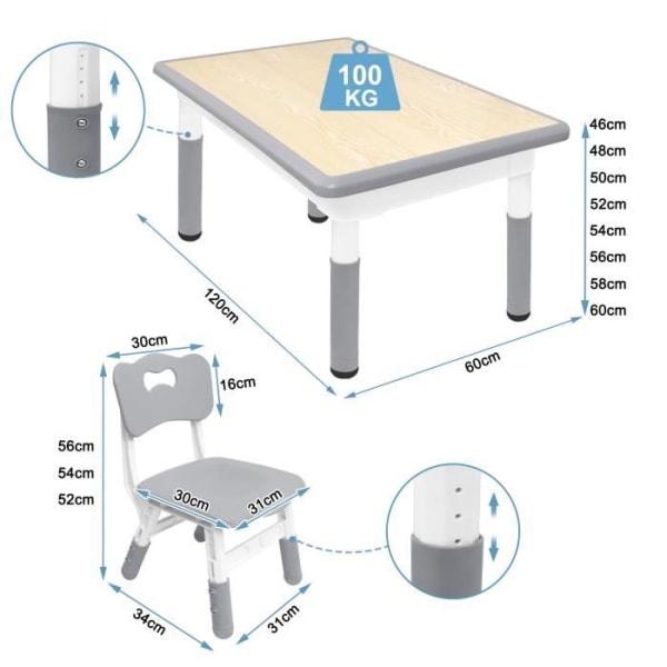 XMTECH barnbord och stolset, barnbord med 4 stolar, last 100 kg, från 3 år och uppåt, grå