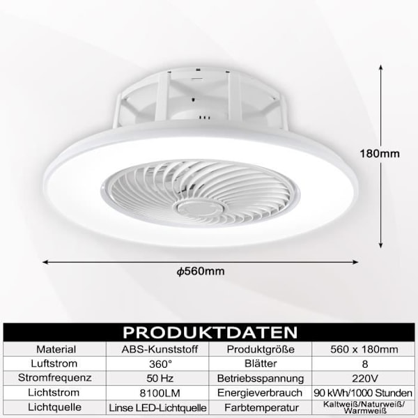 Takfläkt - XMTECH - LED-modell - Ultra Tyst - Fjärrkontroll - 3 hastigheter Vit