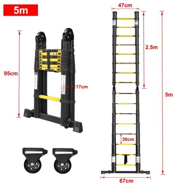 XMTECH 5M multifunktions hopfällbar teleskopstege i aluminium, maxlast: 150 kg - 16 stegpinnar, svart Svart