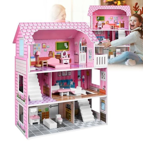 Trähus för Dockor - XMTECH - Barnvilla med 3 Våningar - Rosa - 60 x 24 x 70 cm Rosa