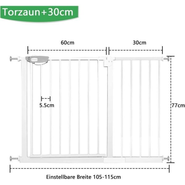 XMTECH Safety Gate - Justerbar 105-115 cm - Tvåvägsöppning - Ingen borrning - Vit Vit