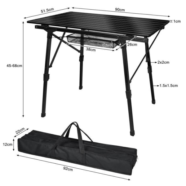 XMTECH fällbart campingbord i aluminium, ställbart picknickbord i höjdled, trädgårdsbord med bärväska, svart
