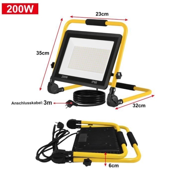 XMTECH Outdoor LED Flood Light med fäste och strömkabel - 200W kallvit - LED utomhusspotlight - IP66