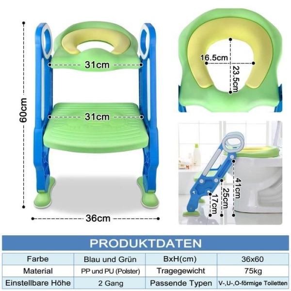 XMTECH Toalettträning Fällbar barn-WC Reducer-barnstol med trappstege och handtag Blågrönt