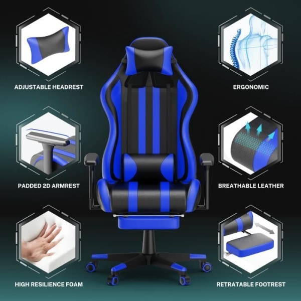 XMTECH massagespelstol Ergonomisk lutande kontorsspelstol med nackstödskudde och fotstöd, blå