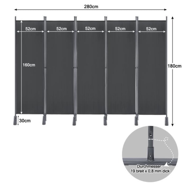 Skärm - XMTECH - 5 paneler - Vikbar - 280 x 180 cm - Antracit Antracit