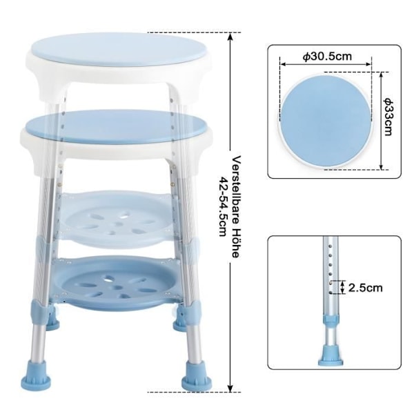 XMTECH duschstol i aluminium, 360° vridbar duschsits, höjdjusterbar halkfri badstol, blå, 150 kg