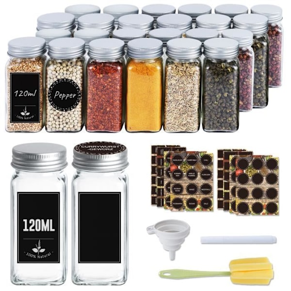 UISEBRT 120 ml hushållskryddglasburkar med hopfällbar tratt, klistermärken, rengöringsborste och markör, 24 st