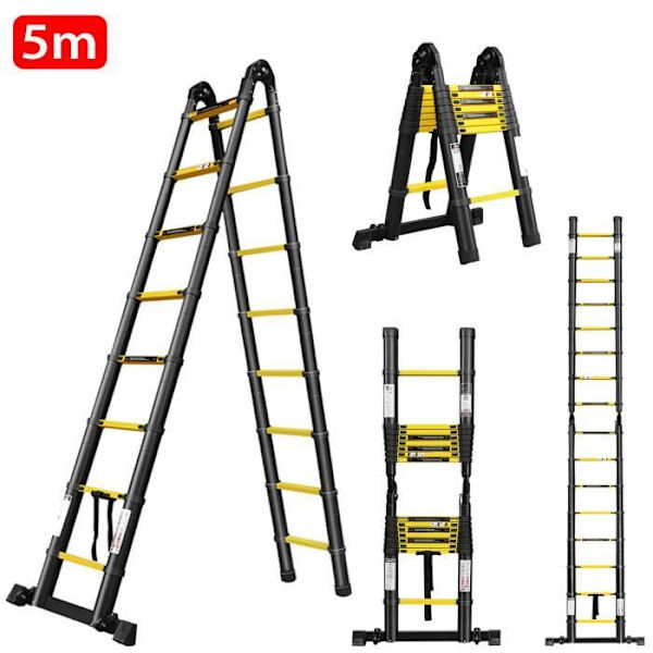 UISEBRT 5 m hopfällbar teleskopisk multifunktionsstege i aluminium Maximal lastkapacitet 150 kg svart (2,5 m + 2,5 m)