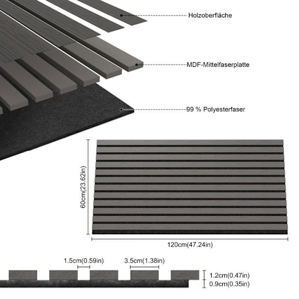 UISEBRT Set med 4 Akustiska Paneler 120x60cm Akustisk Isolering Väggdekoration med Lameller för Vardagsrum, Studio (Antracit) Svart