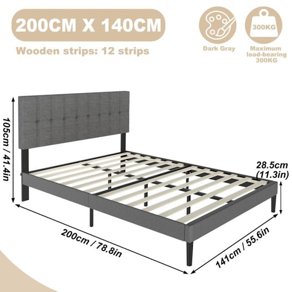 Lit - UISEBRT - 140x200cm - Metall - Huvud i Lin - 1 plats - Mörkgrå Mörkgrå