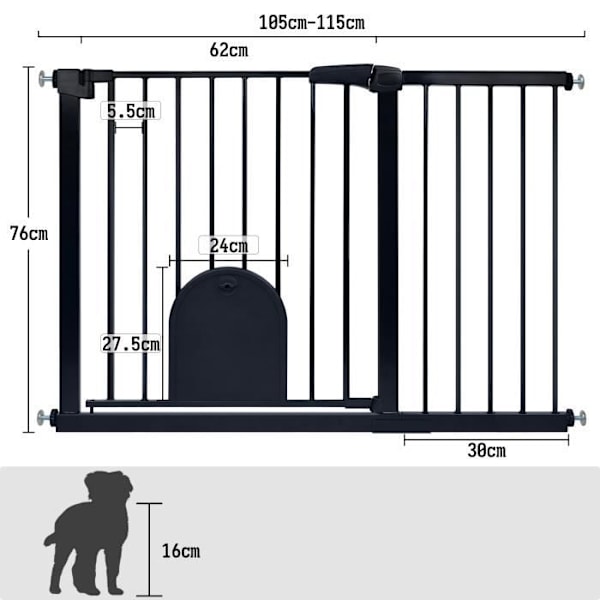 UISEBRT 105-115 cm förlängbar säkerhetsgrind med husdjursdörr automatisk stängning utan borrning för barn och husdjur Svart