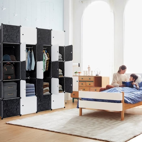 UISEBRT 145 x 37 x 178 cm Bärbart hyllsystem med 20 fack och dörrar för kläder, böcker, leksaker (svart + vit)