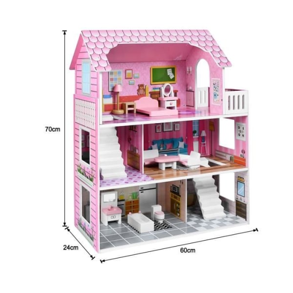UISEBRT 60x27x70cm dockhus i trä, 3 våningar Barbie Dreamhouse med möbler och tillbehör för flickor (flerfärgad)