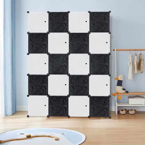 UISEBRT 145 x 37 x 178 cm Bärbart hyllsystem med 20 fack och dörrar för kläder, böcker, leksaker (svart + vit)