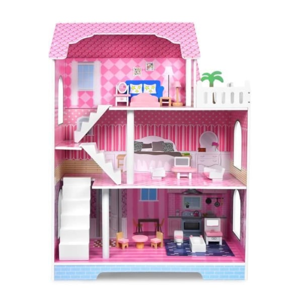 UISEBRT 3 våningar Barbie Dockhus i trä, stor dockvilla med möbler och tillbehör (70 x 36 x 100 cm)