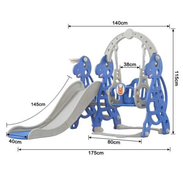 4 i 1 fristående barnrutschbana - UISEBRT - med basketbåge och gunga Blå + Grå