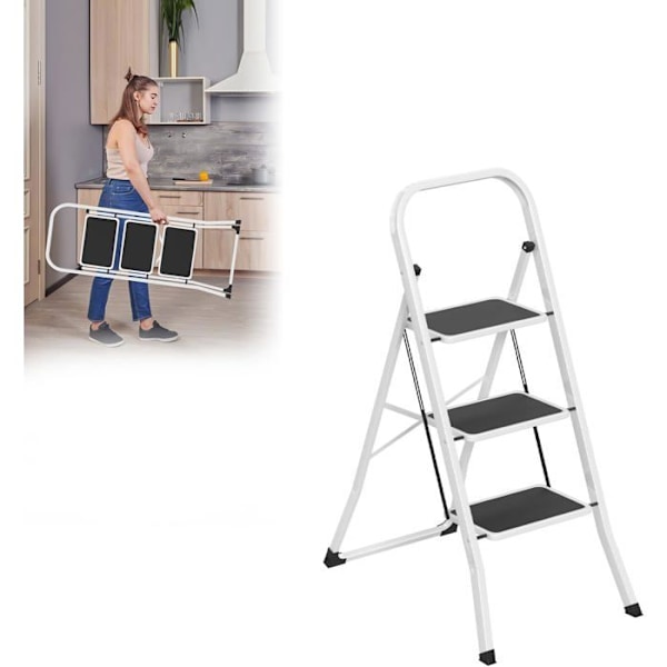 Fällbar Stege - UISEBRT - 3 Steg - Max. Last 150KG - Plattform 30x20cm - Svart & Vit