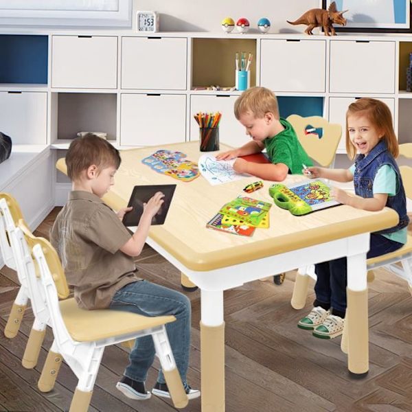 UISEBRT barnbord med 4 stolar Höjdjusterbar plastmöbel för pojkar och flickor 2 till 10 år, beige
