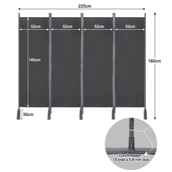 UISEBRT 225 x 180 cm Skärm, Visuellt skydd 4 delar Oberoende partition (Antracit)