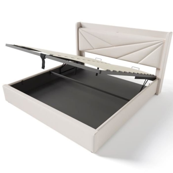 UISEBRT 140x200 cm spjälbotten Boxspringsäng med stoppad sänglåda med USB-gavel och lådor, beige, utan madrass