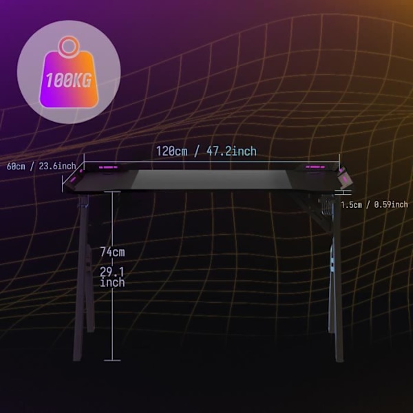 UISEBRT 120x60cm Ergonomiskt spelbord Datorbord med LED-belysning 74cm i Höjd Skrivbord Max 100 kg